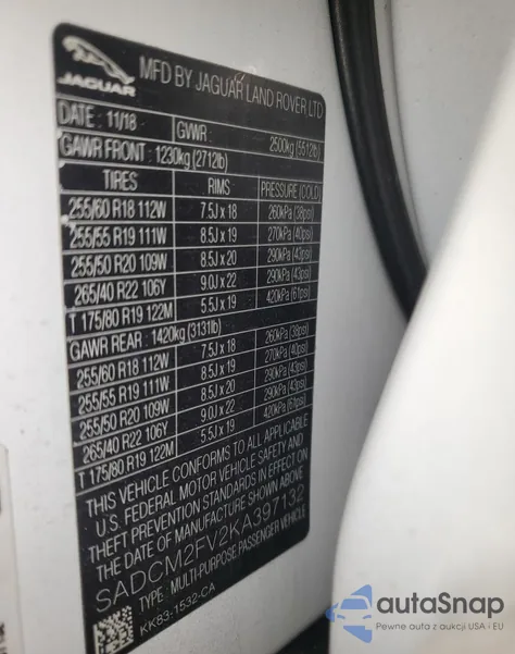 2019 Jaguar F-Pace S из США, поврежденный, VIN SADCM2FV2KA397132